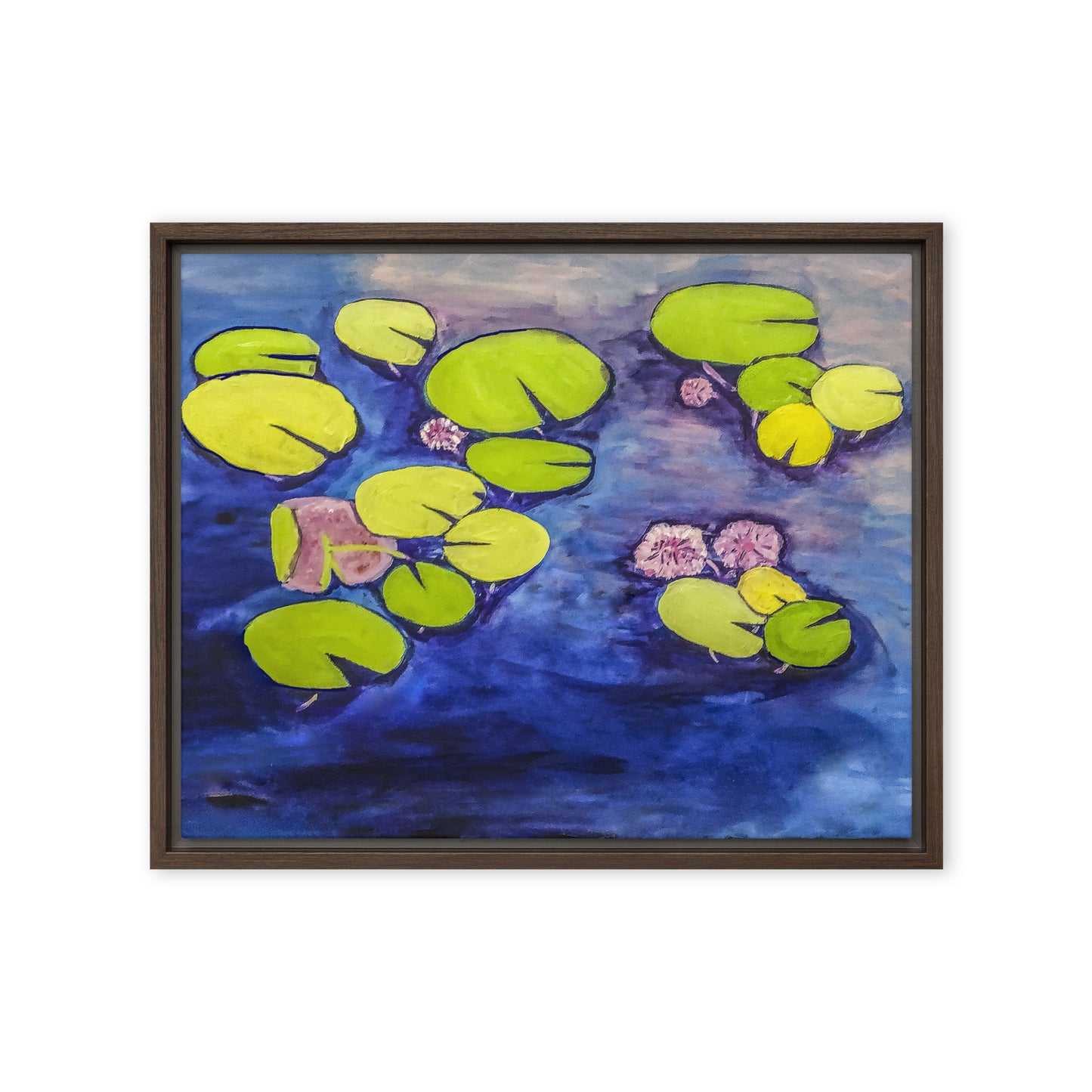 Framed Canvas- Waterlilies on a Blue Pond