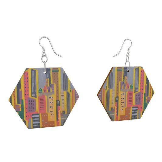 Wooden Earring with Pastel City