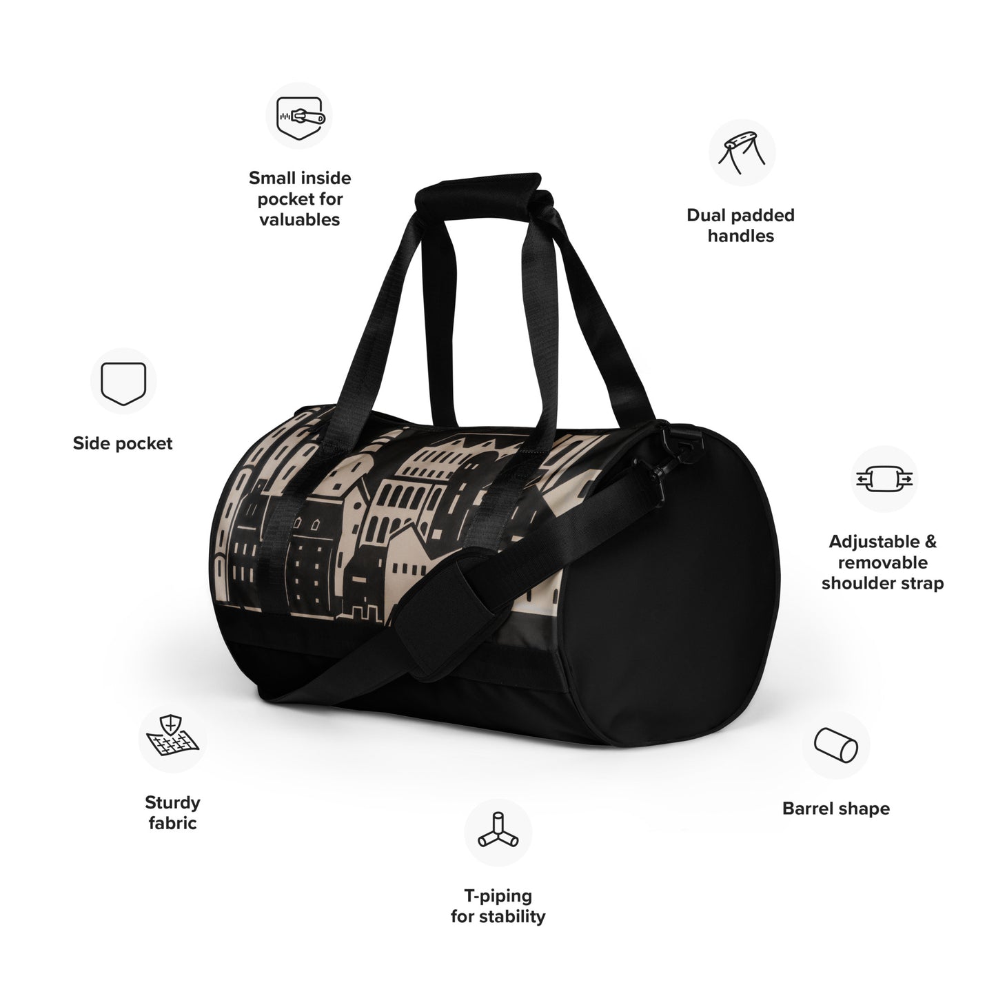 All-over print gym bag- City in Black and White