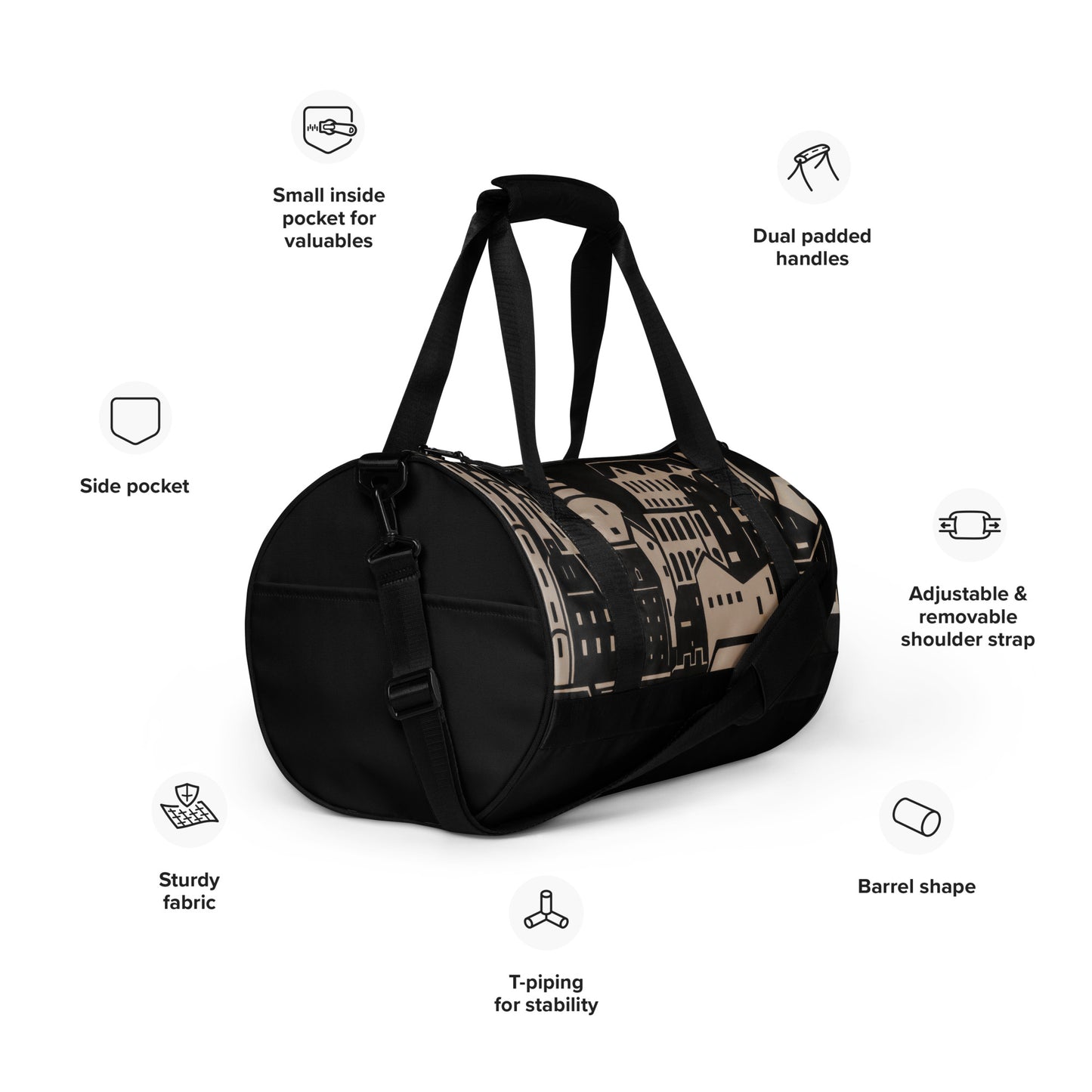 All-over print gym bag- City in Black and White