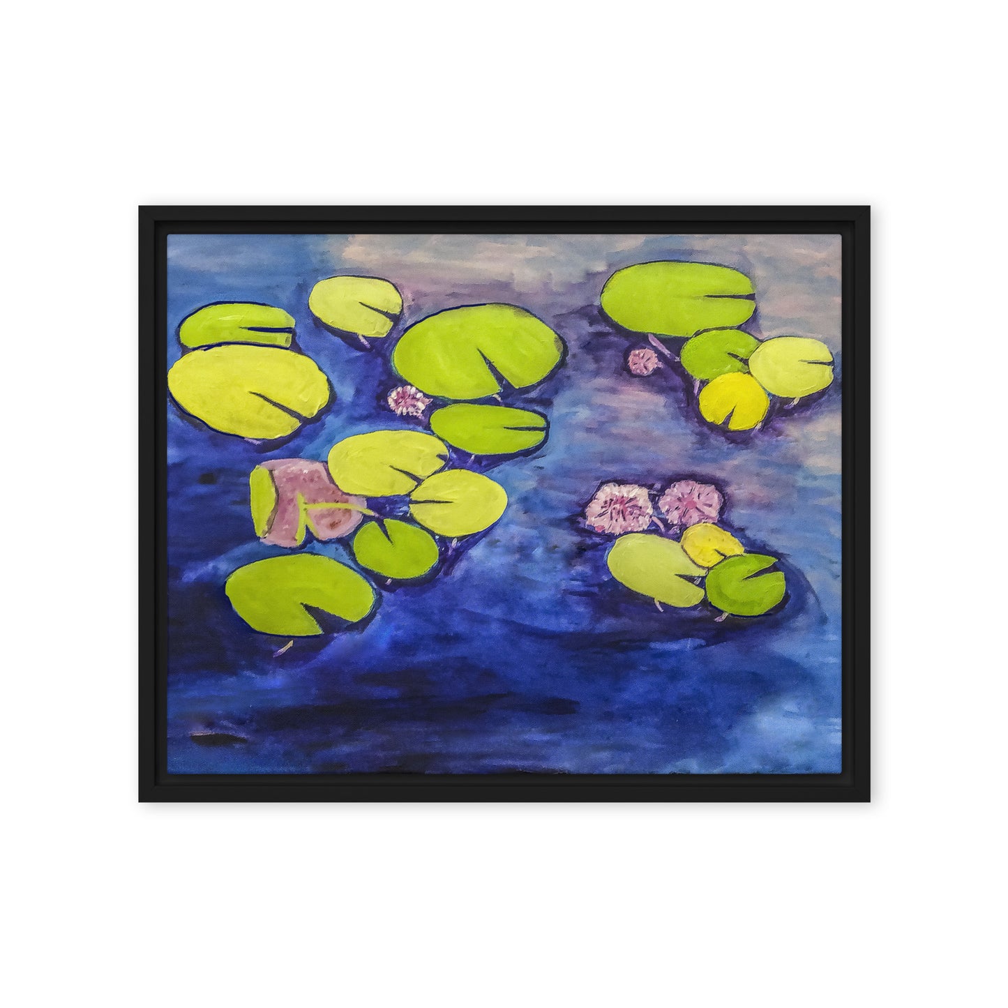 Framed Canvas- Waterlilies on a Blue Pond