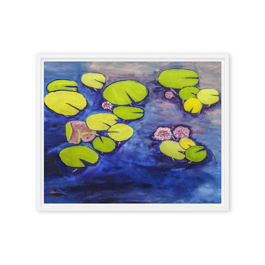 Framed Canvas- Waterlilies on a Blue Pond