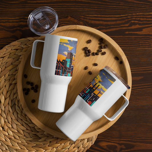 Travel mug with a handle- Industrial City with Wild Sky